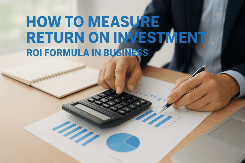 Business professional analyzing ROI data with calculator and charts for investment return.