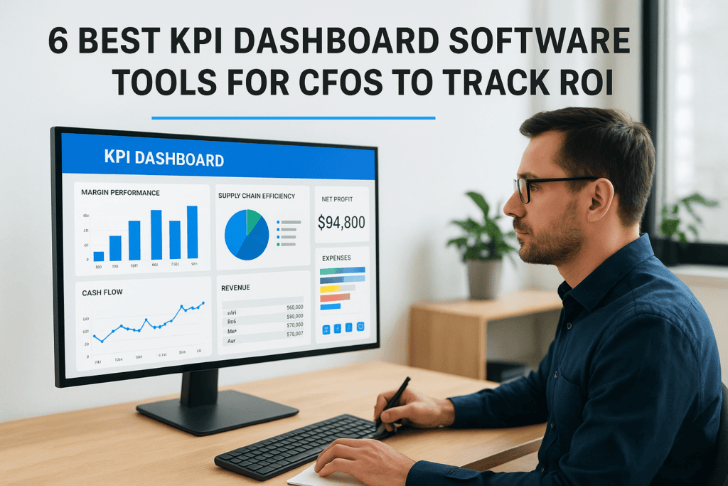 Man analyzing KPI dashboard on computer monitor for ROI tracking.