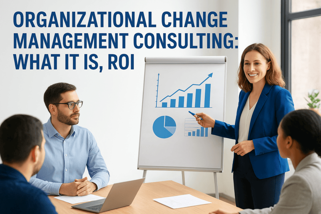 Businesswoman presenting organizational change and ROI analysis to team.