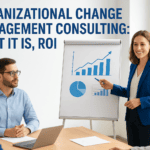 Businesswoman presenting organizational change and ROI analysis to team.