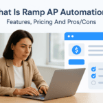Businesswoman using a laptop with Ramp AP Automation interface on screen.