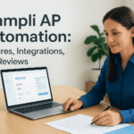 Woman using Stampi AP Automation software on laptop for invoicing and workflow management.