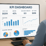Business professional analyzing KPI dashboard on computer screen.