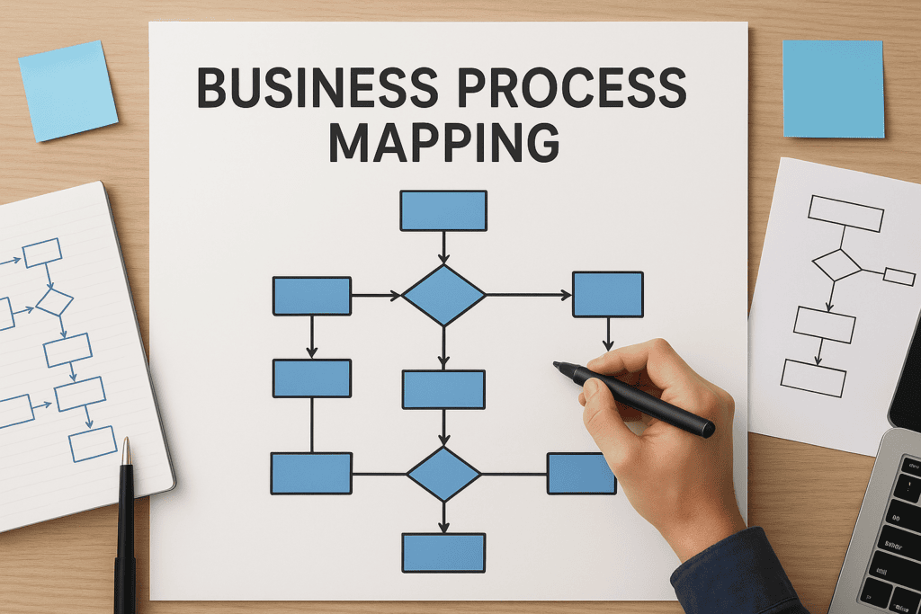 Business process mapping diagram with flowchart and hand drawing.