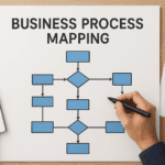 Business process mapping diagram with flowchart and hand drawing.