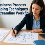 Woman analyzing business process diagrams for workflow optimization.