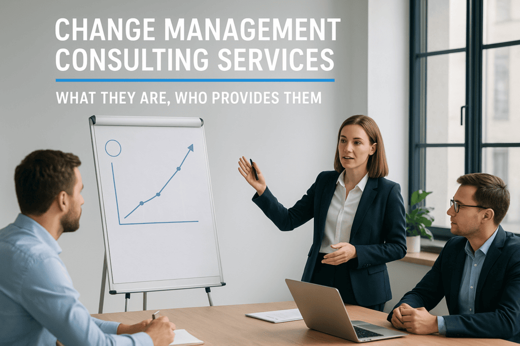 Businesswoman presenting change management strategies to team.