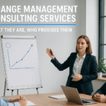 Businesswoman presenting change management strategies to team.