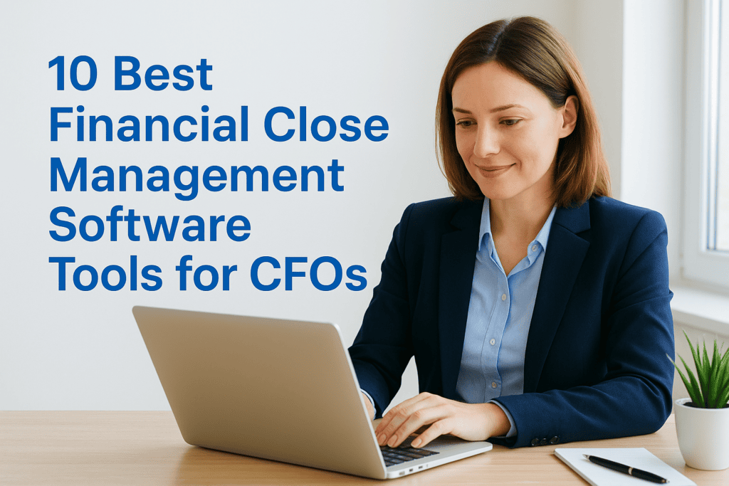 Businesswoman using a laptop with financial management software tools for CFOs.