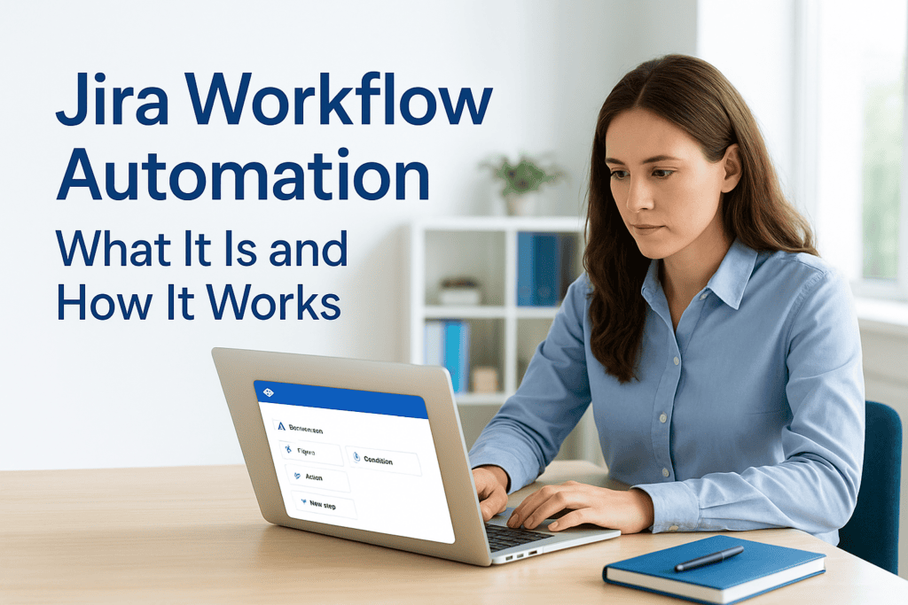 Woman using laptop for Jira workflow automation tutorial.