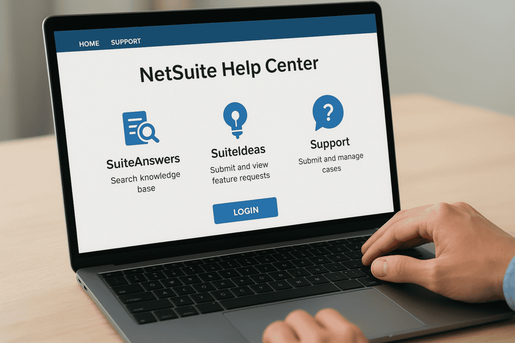 Person using a laptop to access NetSuite Help Center features.