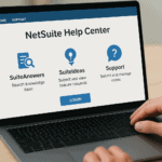 Person using a laptop to access NetSuite Help Center features.