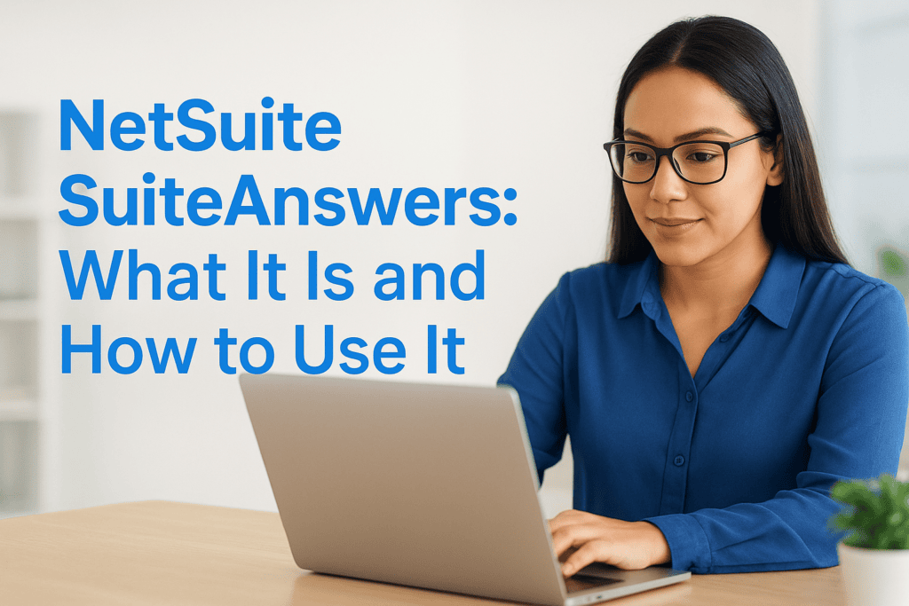 Woman using a laptop with NetSuite SuiteAnswers guide on screen.