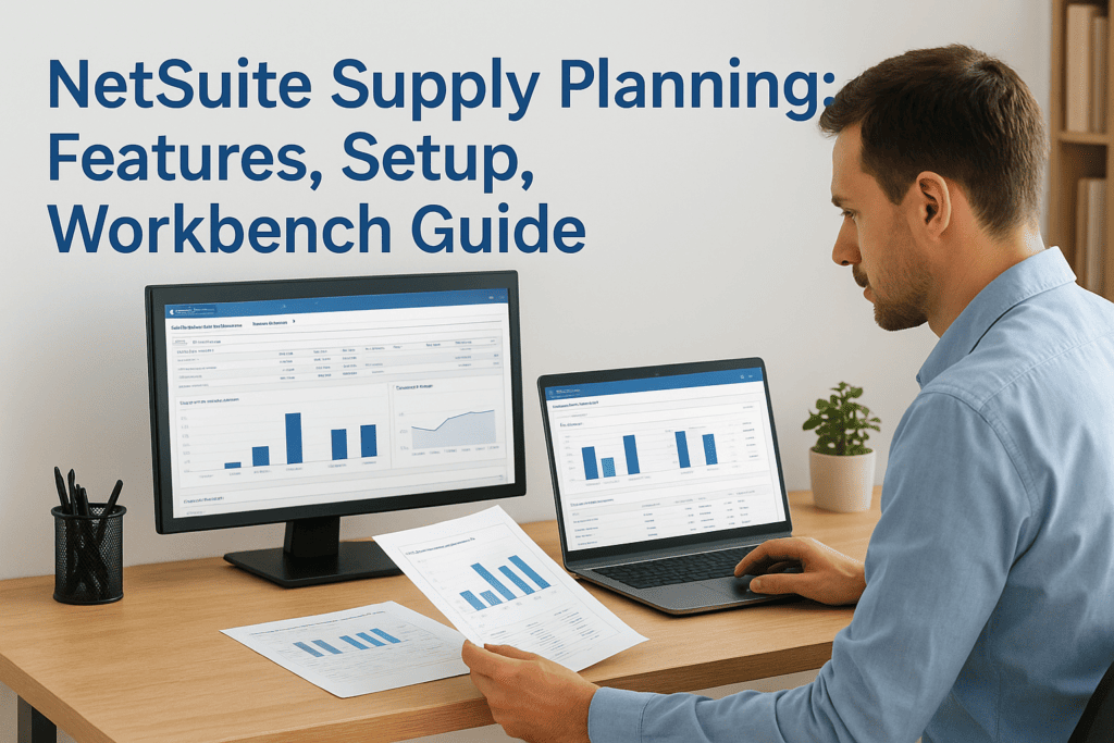 Man analyzing supply planning data on multiple screens with charts and graphs.