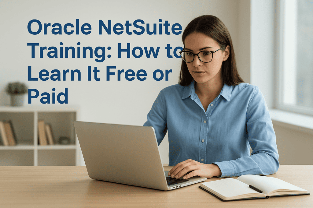 Woman studying Oracle NetSuite training on laptop in modern office.