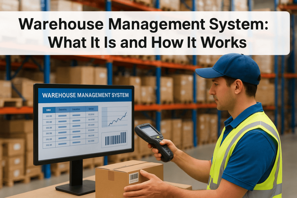 Warehouse worker using handheld device to monitor inventory with system display.