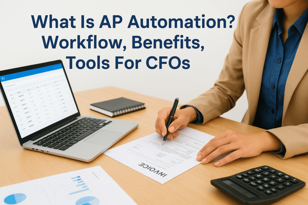 Business professional reviewing AP automation workflow with laptop and documents.