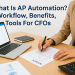 Business professional reviewing AP automation workflow with laptop and documents.