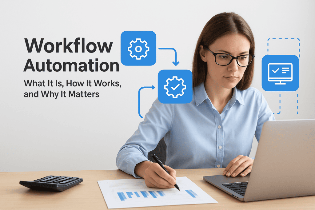 Businesswoman working on workflow automation with laptop and charts.