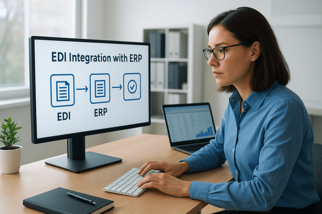 Businesswoman working on EDI integration with ERP on computer screen.