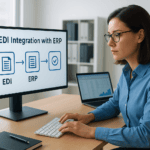 Businesswoman working on EDI integration with ERP on computer screen.