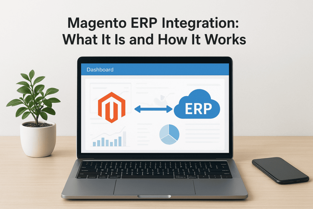 Laptop displaying Magento ERP integration diagram with a plant and smartphone nearby.
