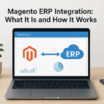 Laptop displaying Magento ERP integration diagram with a plant and smartphone nearby.
