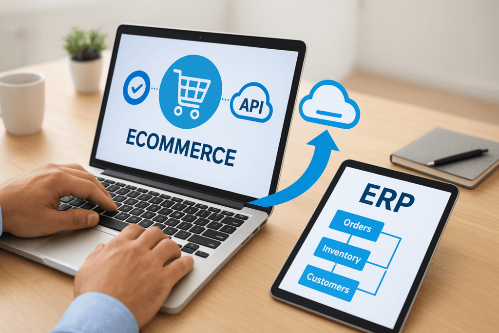 Ecommerce, ERP, and API cloud integration on digital devices.