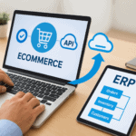 Ecommerce, ERP, and API cloud integration on digital devices.