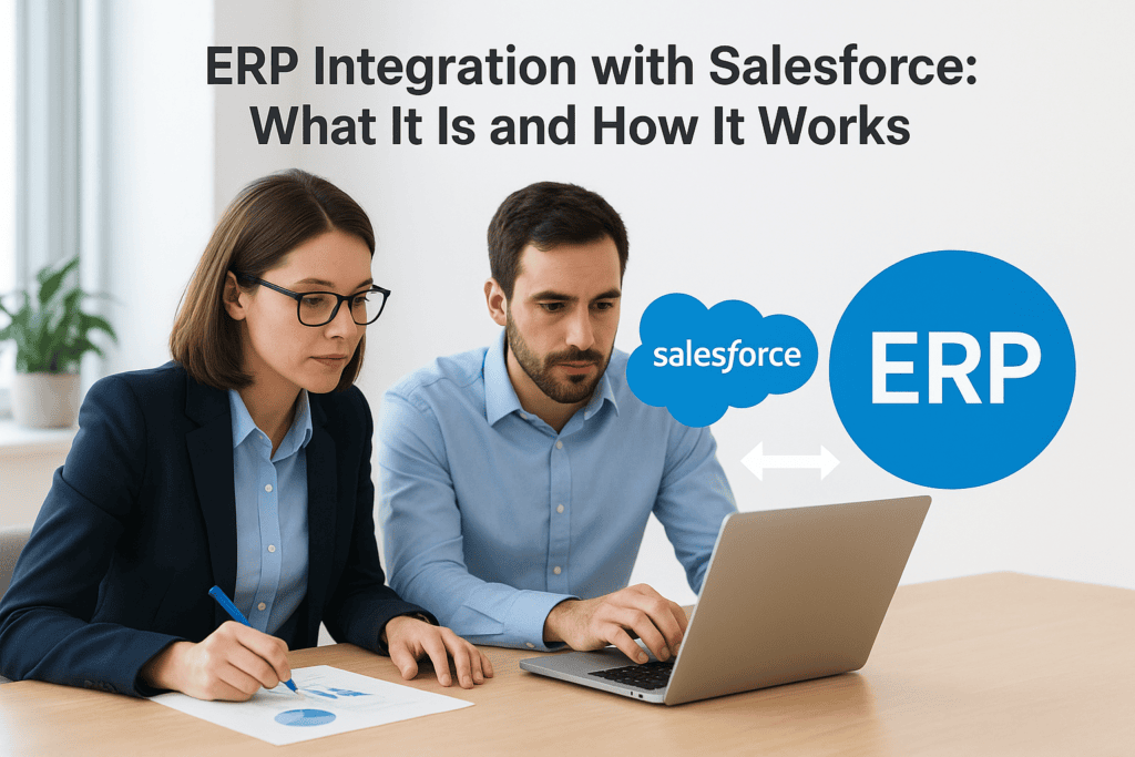 Business professionals discussing ERP and Salesforce integration on laptop.