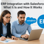 Business professionals discussing ERP and Salesforce integration on laptop.