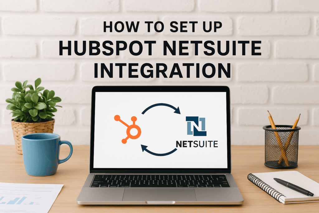 Laptop displaying HubSpot and NetSuite integration diagram with workspace accessories.