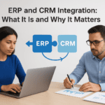 Business professionals discussing ERP and CRM integration at a desk.