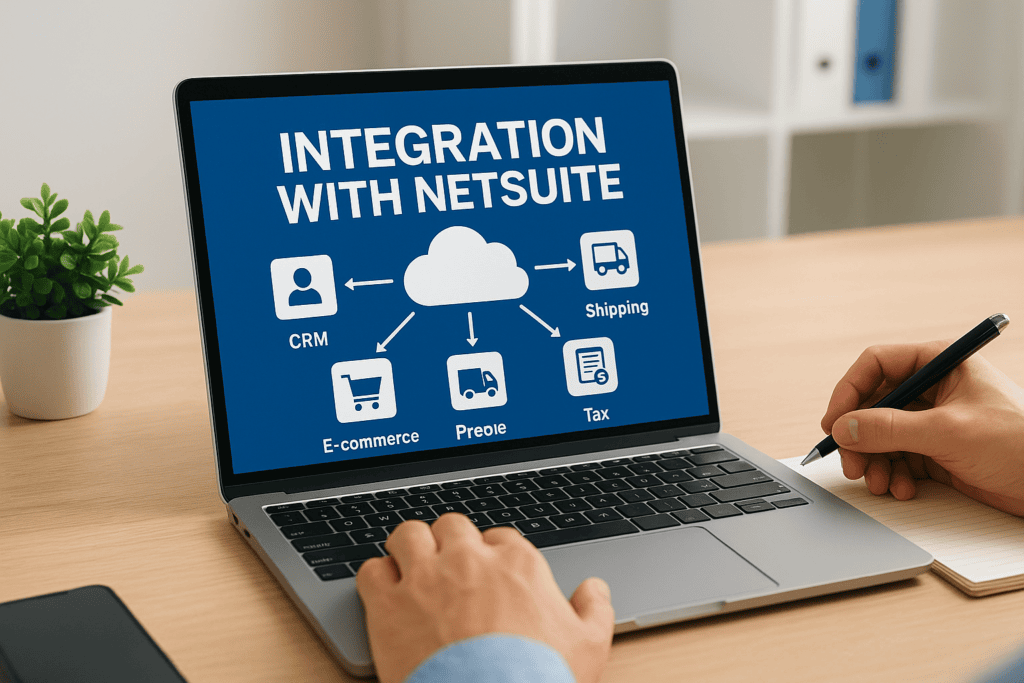 Laptop displaying integration with NetSuite for CRM, e-commerce, shipping, and tax.