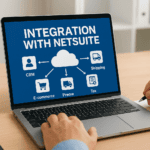 Laptop displaying integration with NetSuite for CRM, e-commerce, shipping, and tax.