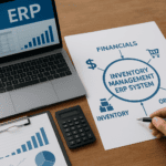 Diagram of inventory management ERP system with financial, operations, and inventory icons.