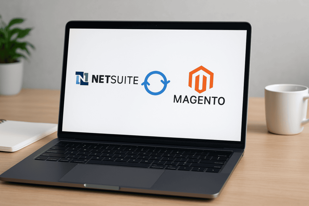 Laptop displaying NetSuite and Magento logos for integration.