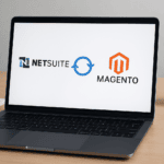 Laptop displaying NetSuite and Magento logos for integration.
