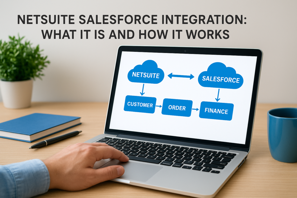 Diagram of NetSuite and Salesforce integration process with data flow.