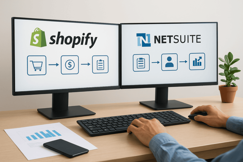 Dual monitor setup showing Shopify and NetSuite integration diagrams.