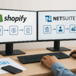 Dual monitor setup showing Shopify and NetSuite integration diagrams.