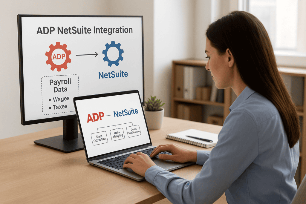Woman working on laptop with ADP NetSuite integration diagram on monitor.