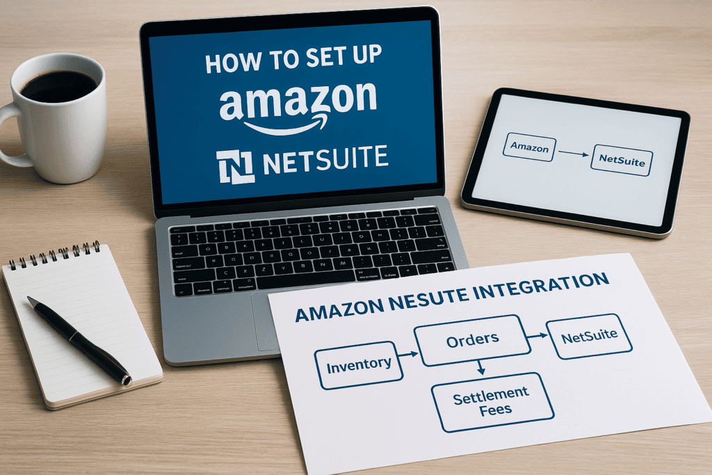 Laptop and tablet displaying Amazon NetSuite integration diagram and setup instructions.