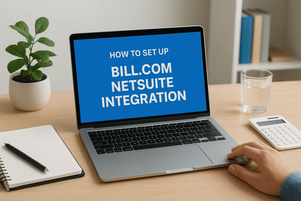 Laptop displaying setup guide for Bill.com and NetSuite integration.