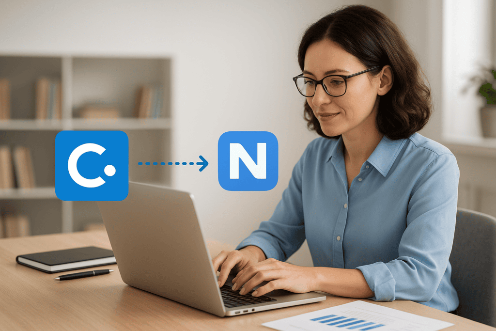 Woman working on laptop with Concentrus logo transition graphic.