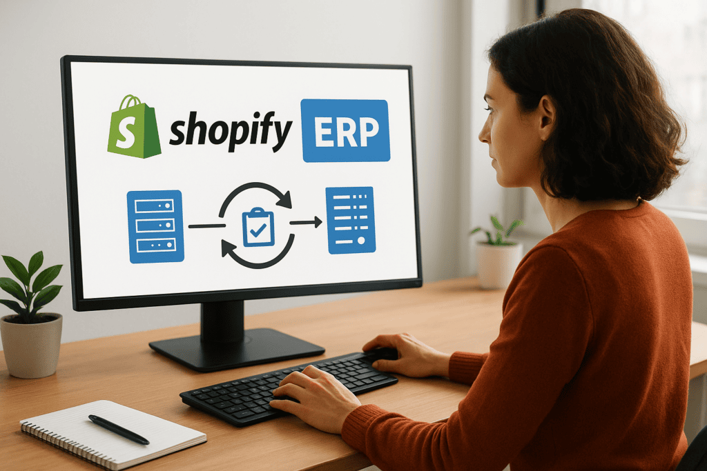 Woman using computer with Shopify ERP integration on screen.