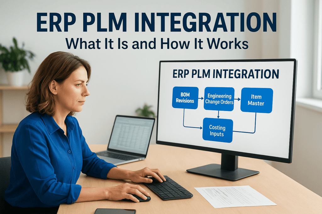 Businesswoman analyzing ERP PLM integration on computer monitor.