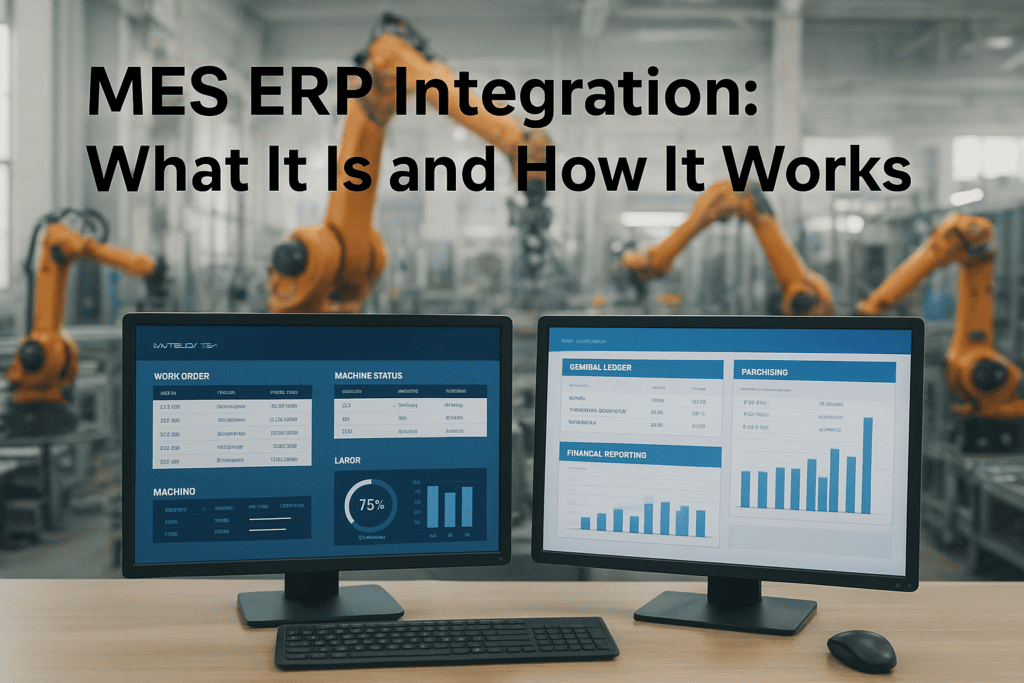 Two computer screens displaying MES ERP integration dashboards in a factory setting.