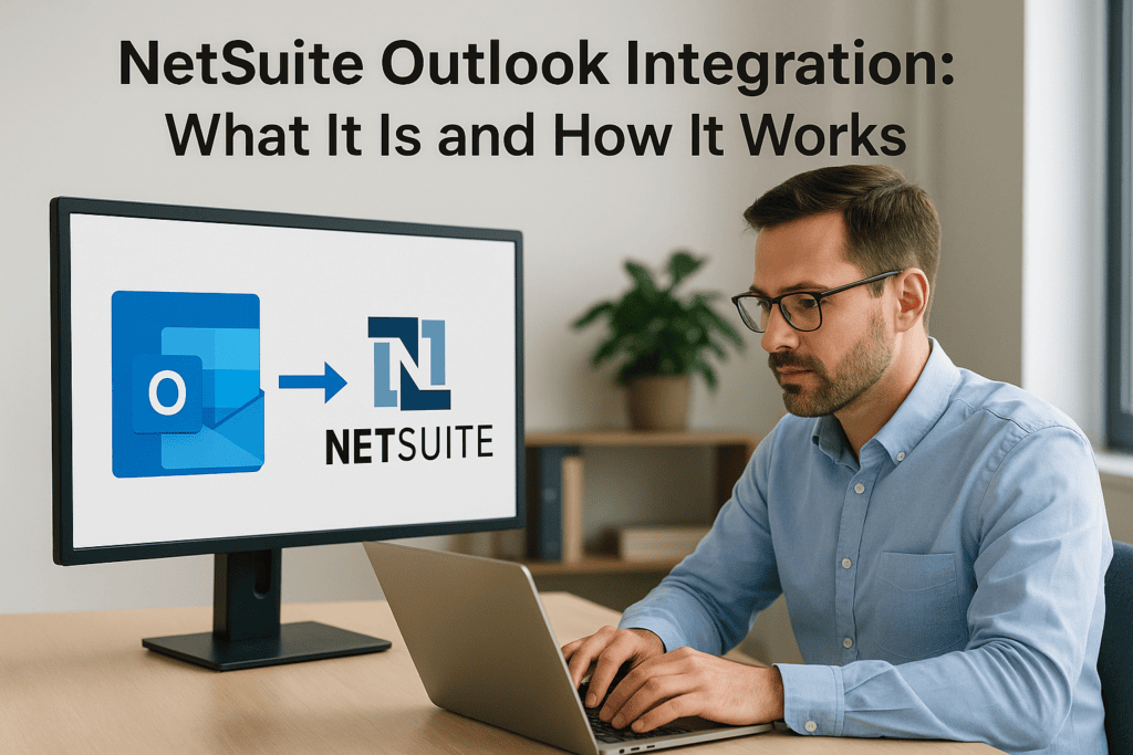 Man working on laptop with NetSuite Outlook Integration presentation.