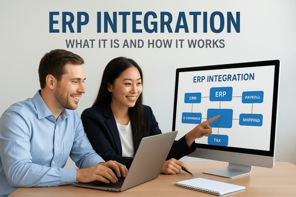 Business professionals discussing ERP integration on a computer screen.